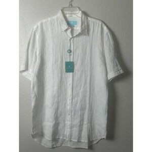 TOSCANO Mens sz. L White 100% Linen Button Down Short Sleeve Shirt Wedding Aloha